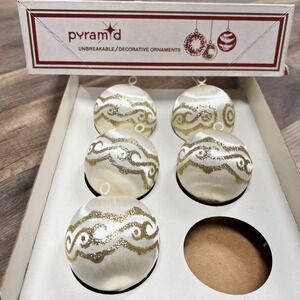 Vintage Pyramid Satin Christmas Ornaments Unbreakable Cream Gold Glitter MCM